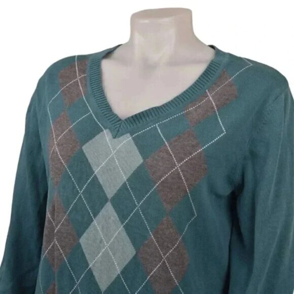 Van Heusen  Argyle Diamond Sweater V-Neck Long Sleeve Cotton Size Medium - Picture 3 of 8